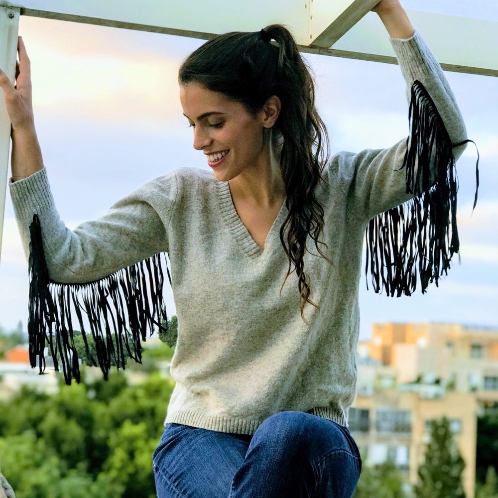 Rapsodia Cashmere Vneck Leather Fringe Sweater